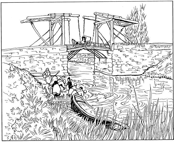 Langlois Bridge at Arles by Vincent Van Gogh coloring page