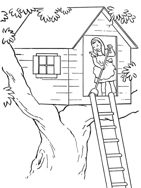 Little Girl and Treehouse coloring page