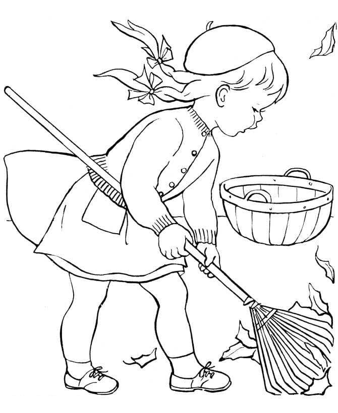 Little Girl is Raking Leaves