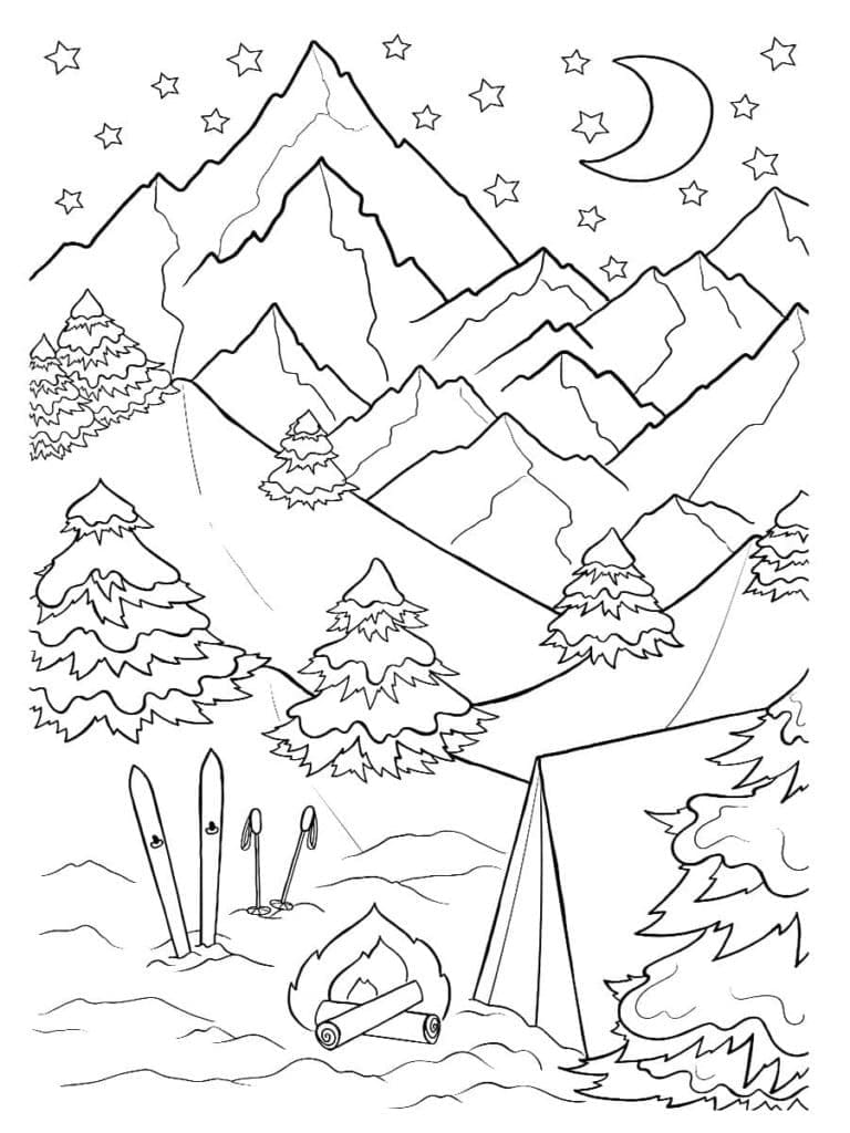 Night Landscape with Mountains coloring page