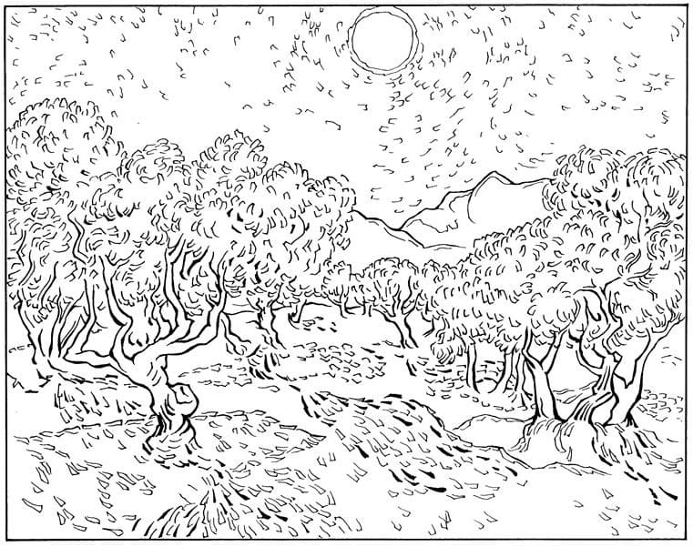 Olive Trees by Vincent Van Gogh coloring page