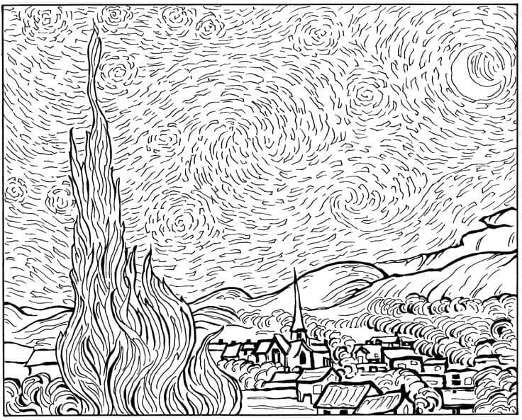 Starry Night by Vincent Van Gogh coloring page