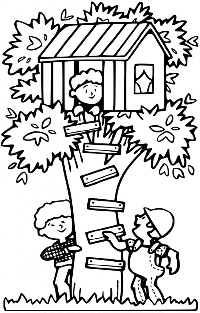 Two Kids and Treehouse coloring page