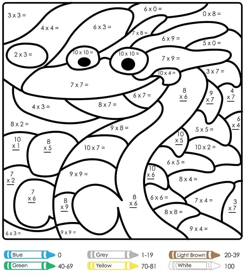 Dragon Color By Number Multiplication coloring page