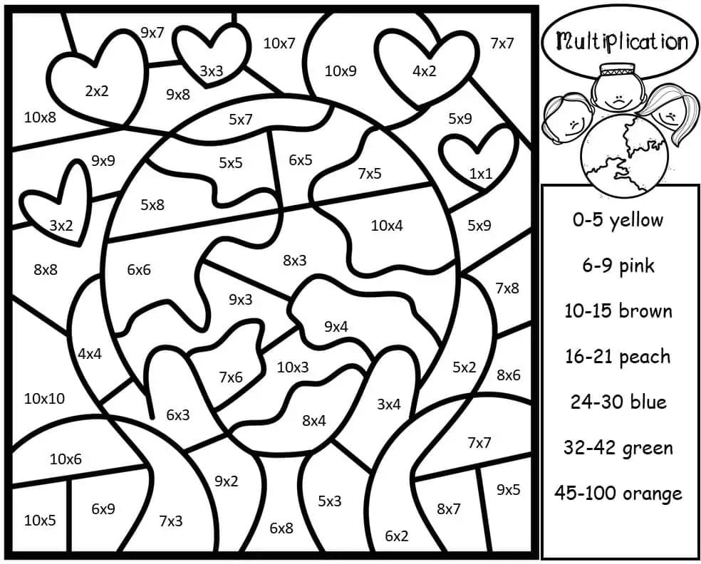 Earth Color By Number Multiplication coloring page