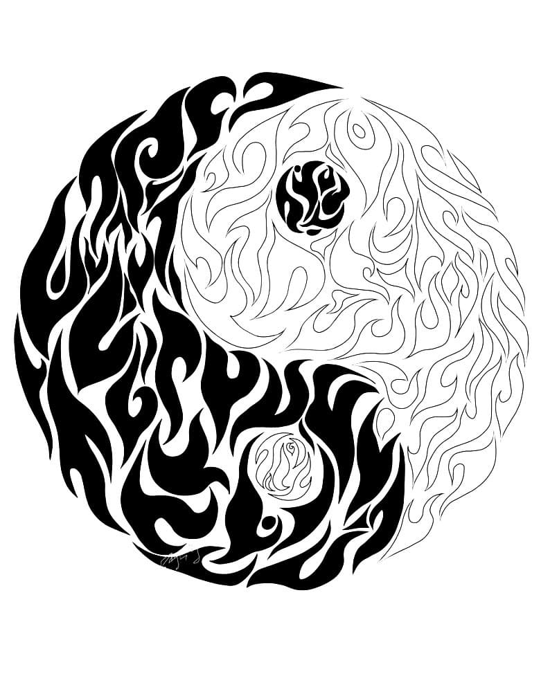 Flaming Yin Yang coloring page