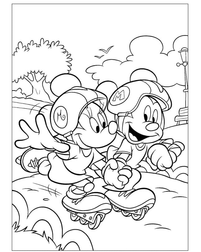 Minnie and Mickey Roller Skates coloring page