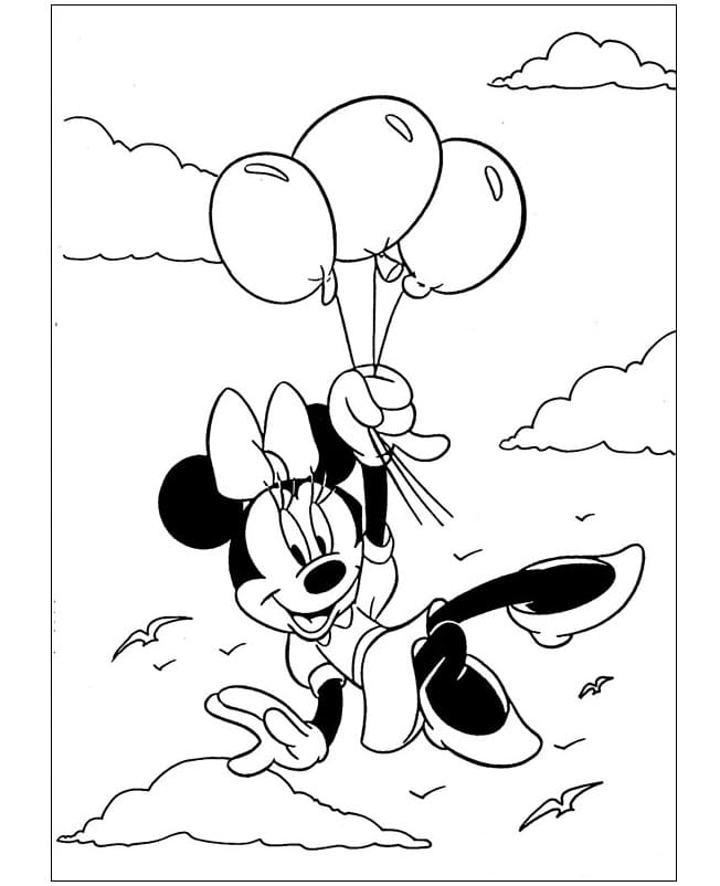 Minnie Mouse Fly on Three Balloons coloring page