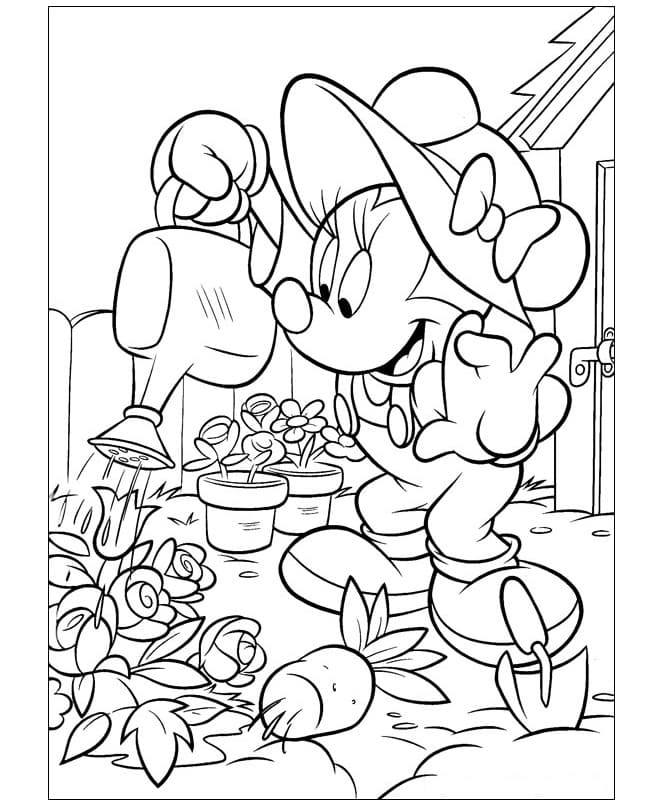 Minnie Watering the Flowers coloring page