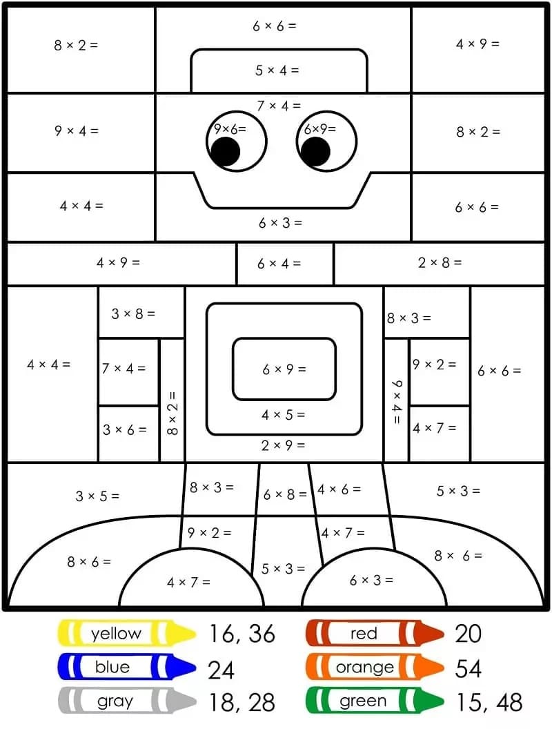 Robot Color By Number Multiplication coloring page