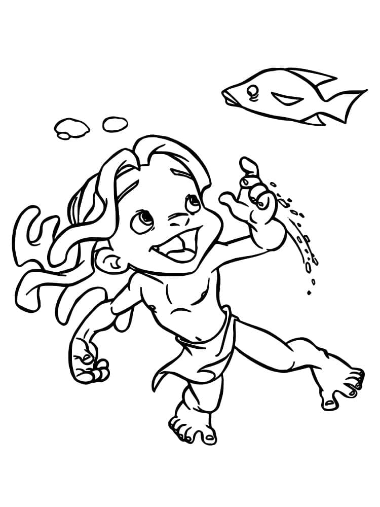 Tarzan and Fish coloring page