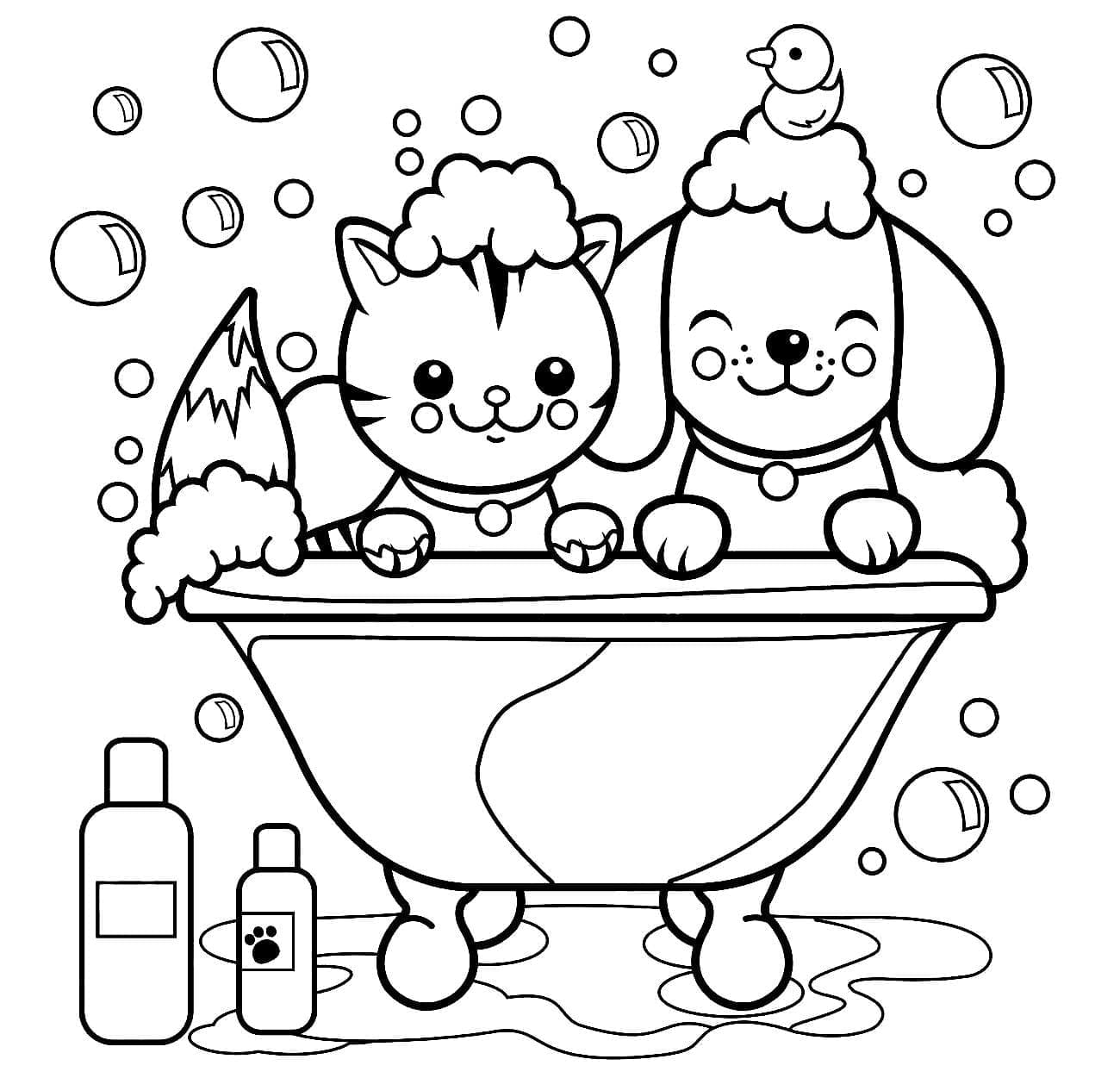 Cat and Dog in Bathroom coloring page