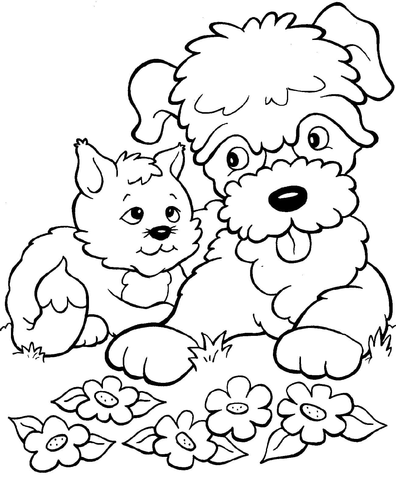 Cat and Dog with Flowers coloring page - Download, Print or Color