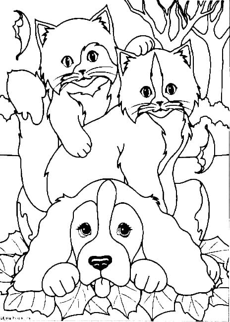 Dog and Two Cats coloring page