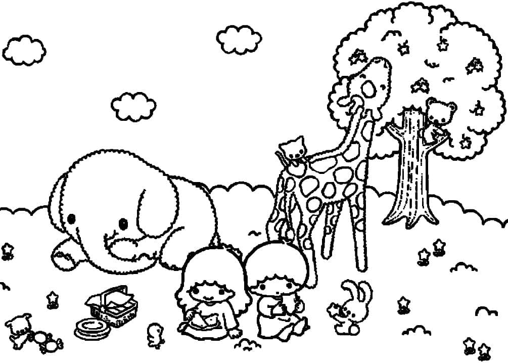 Kiki and Lala with Animals coloring page