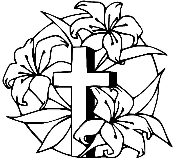 Easter Cross and Flowers coloring page