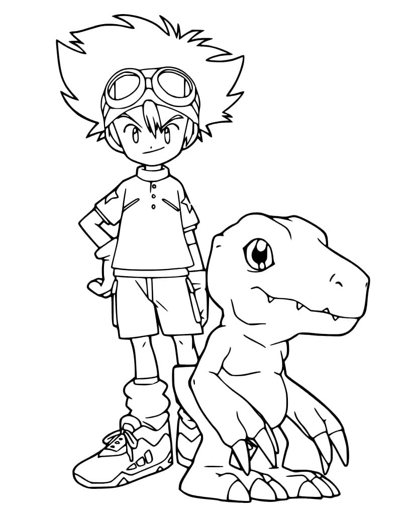 Taichi and Agumon coloring page