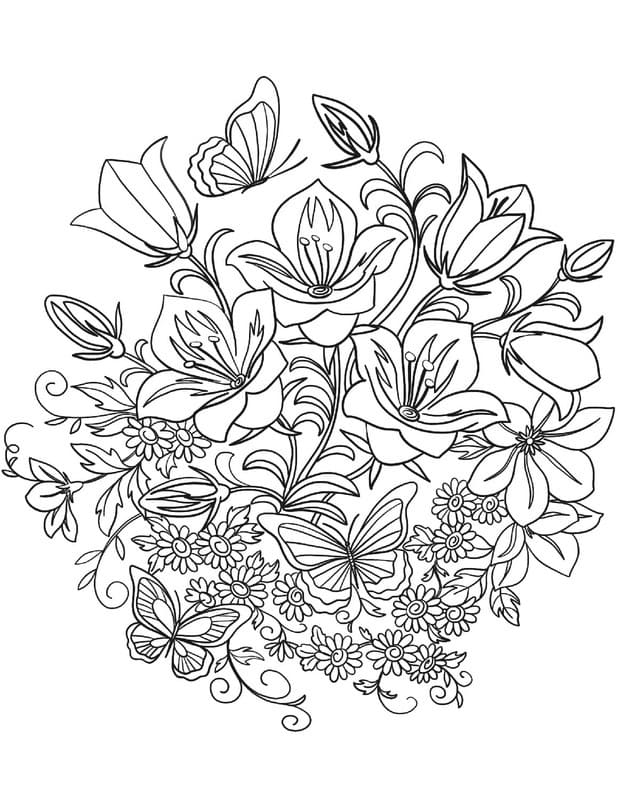 Flowers and Butterflies coloring page