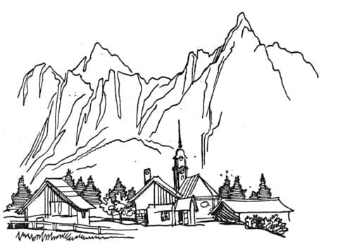 Mountain and Village coloring page