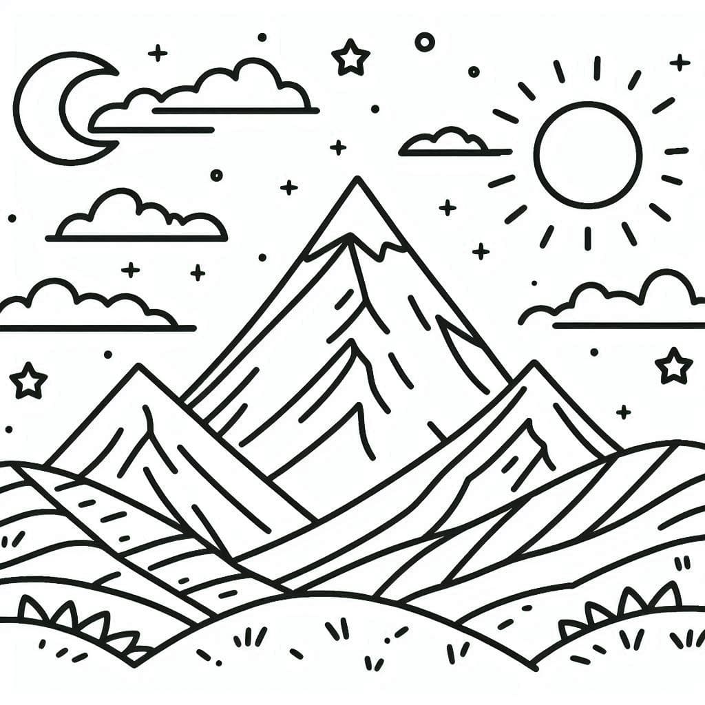 Mountain with Sun and Moon coloring page