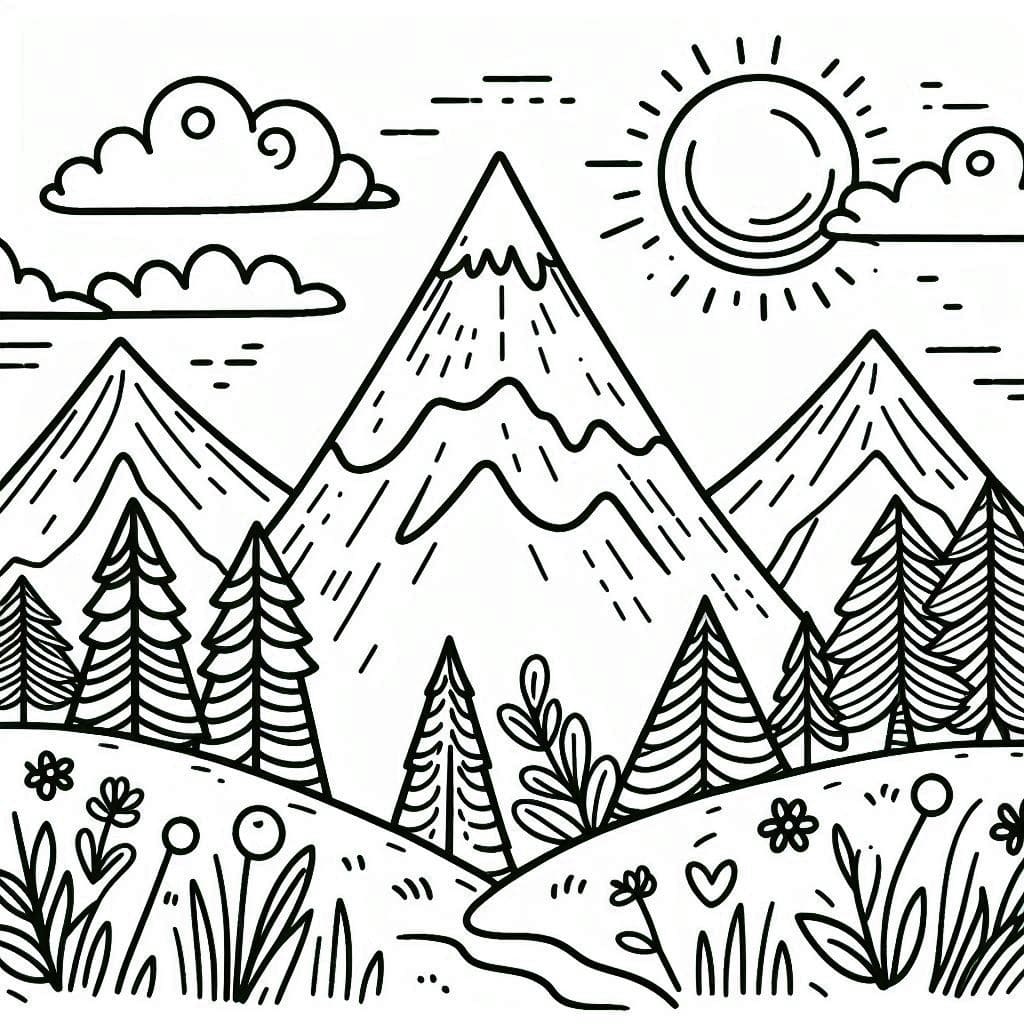 Mountain with Sun coloring page