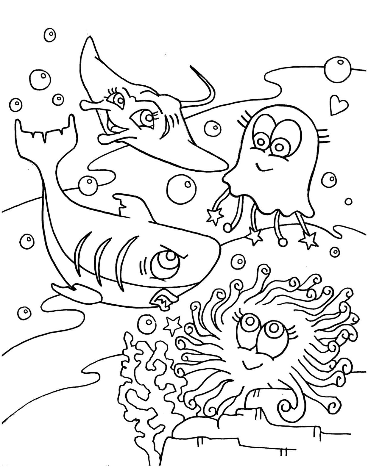 Ocean Scene with Cute Animals coloring page