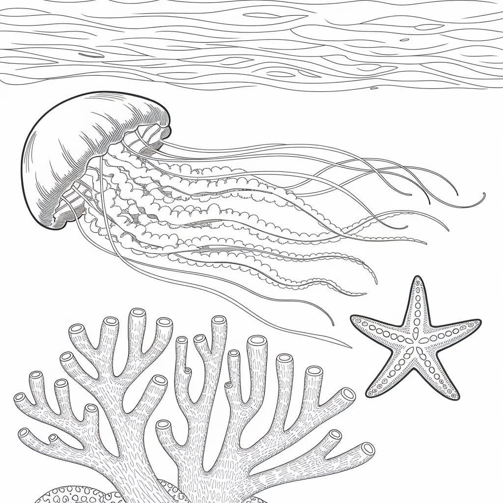 Ocean Scene with Jellyfish coloring page