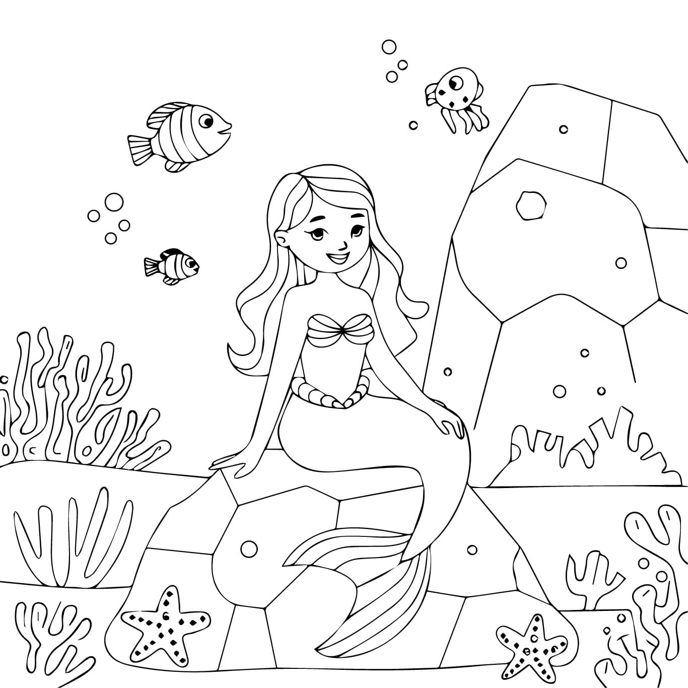 Ocean Scene with Mermaid coloring page