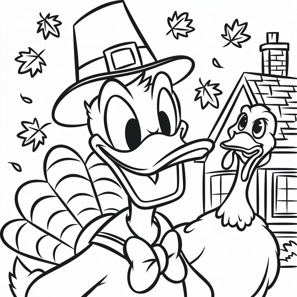 Donlad Duck and Thanksgiving Turkey coloring page