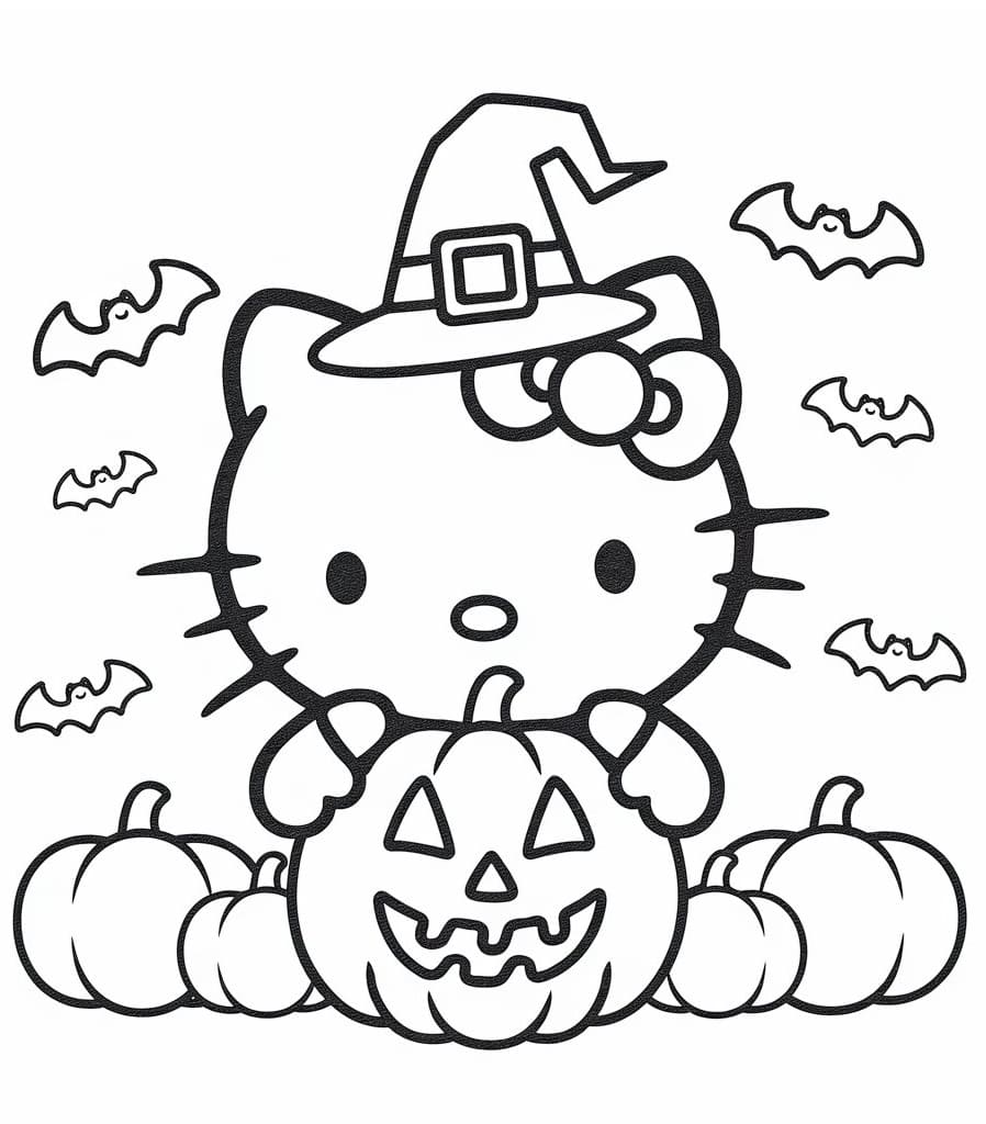 Halloween Hello Kitty and Bats coloring page