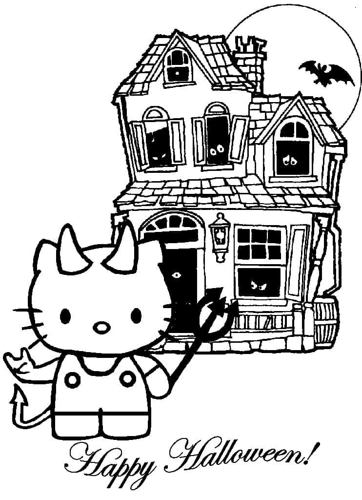 Halloween Hello Kitty and Haunted House coloring page