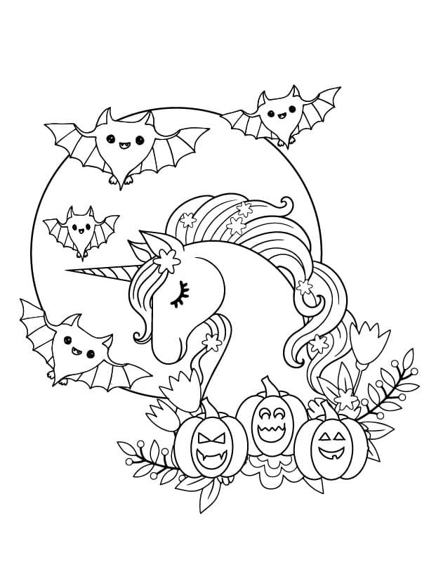 Halloween Unicorn and Bats coloring page