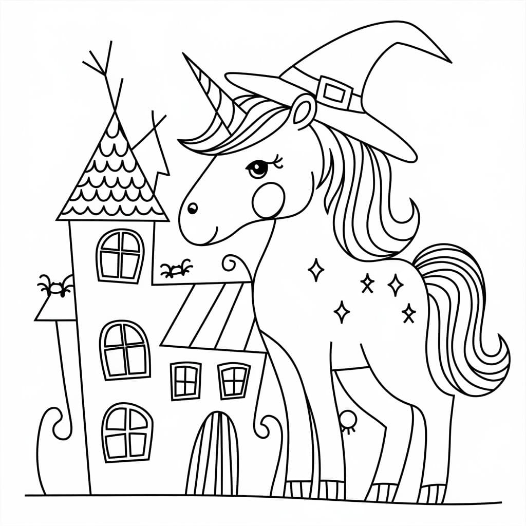 Halloween Unicorn and Haunted House coloring page