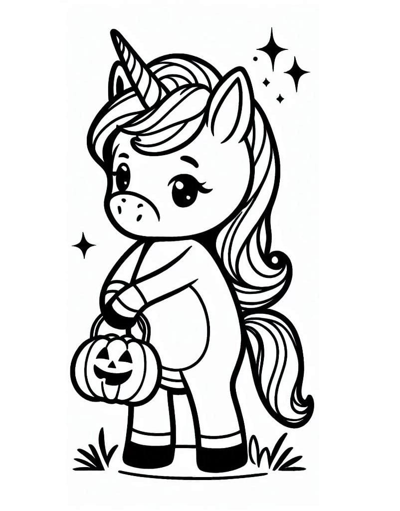 Halloween Unicorn Trick or Treat coloring page