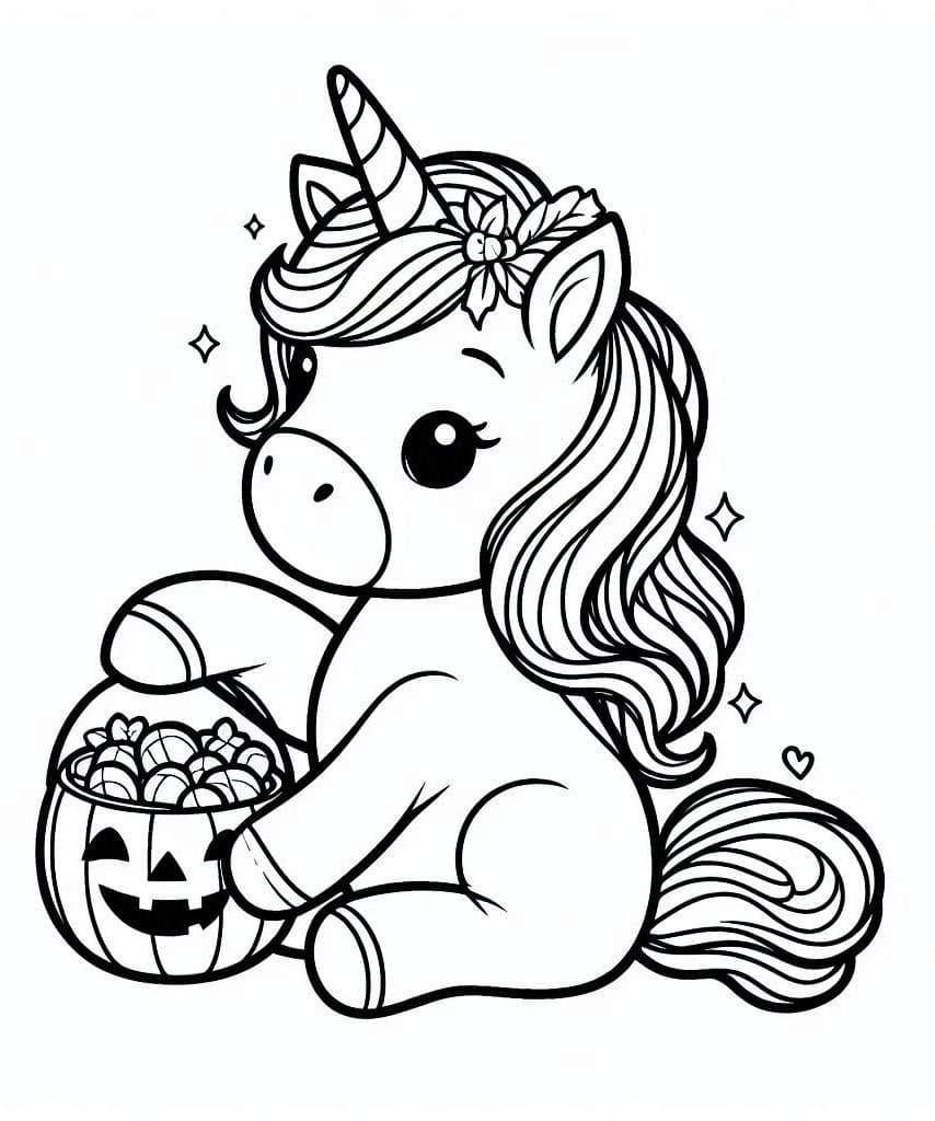 Halloween Unicorn with Candy coloring page