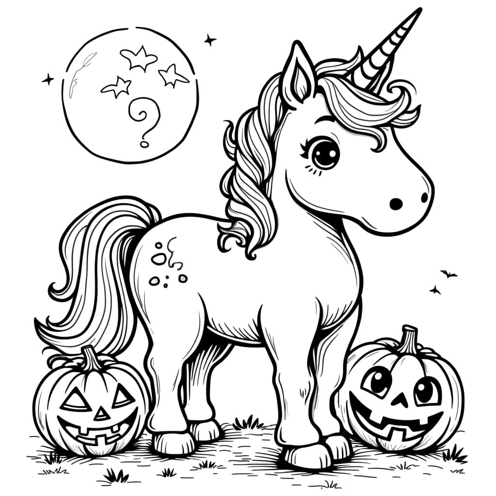 Halloween Unicorn with Pumpkins coloring page