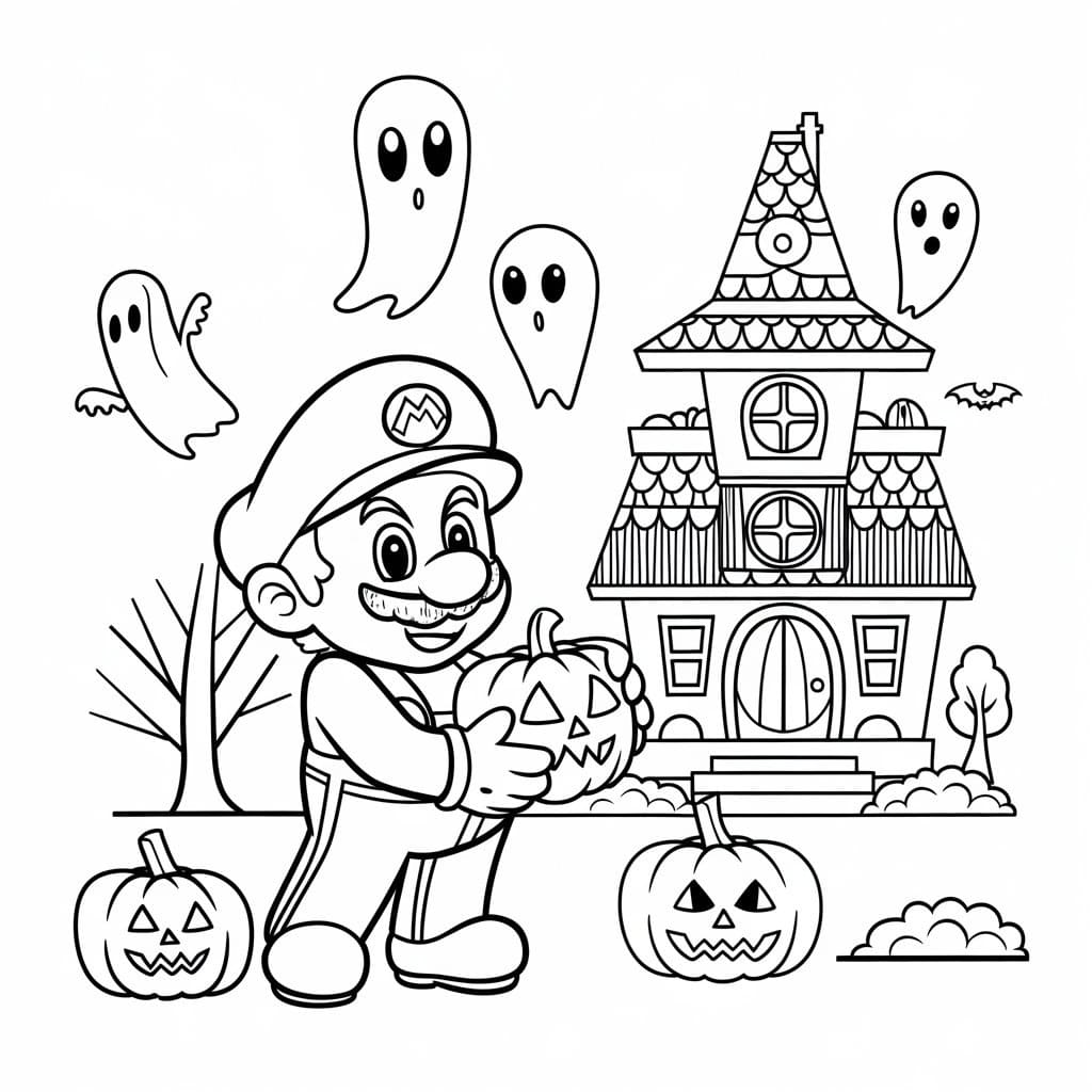 Mario and Halloween Pumpkin coloring page