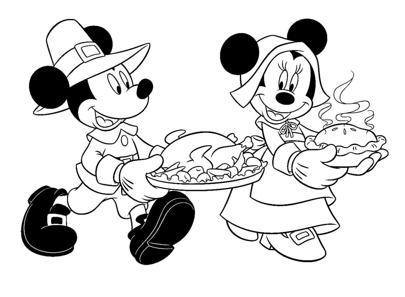 Mickey and Minnie on Thanksgiving coloring page