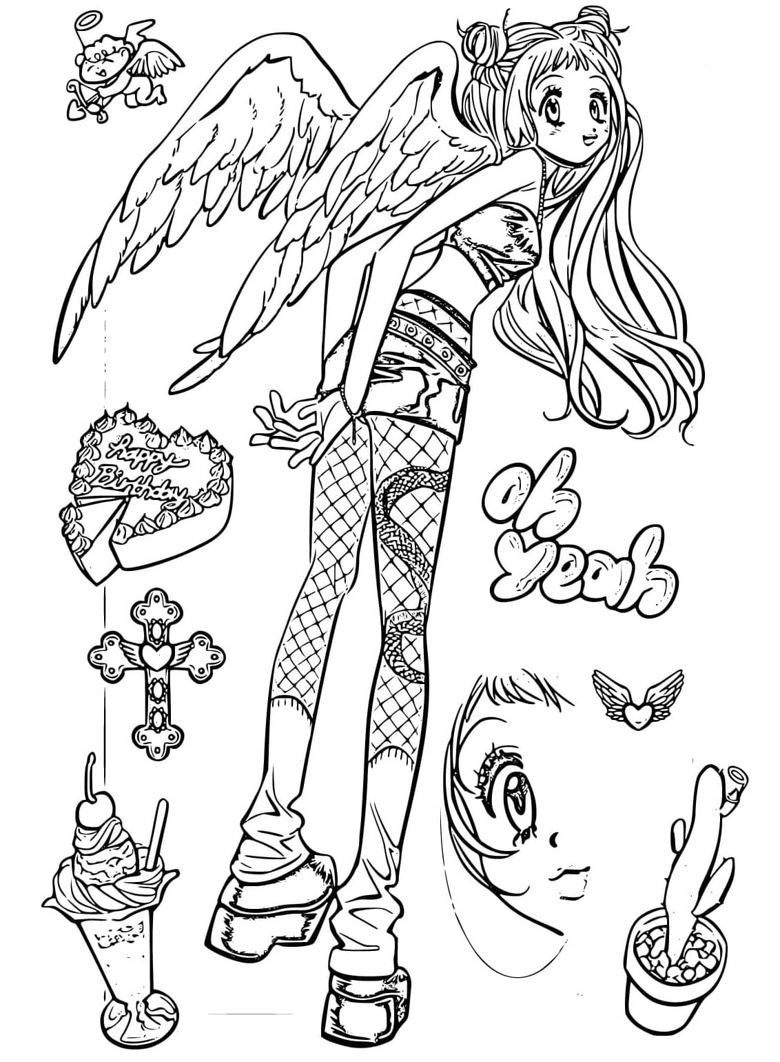 Y2K Angel Girl coloring page