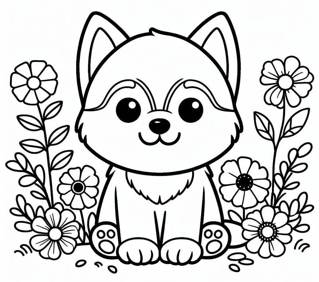 Husky with Flowers coloring page