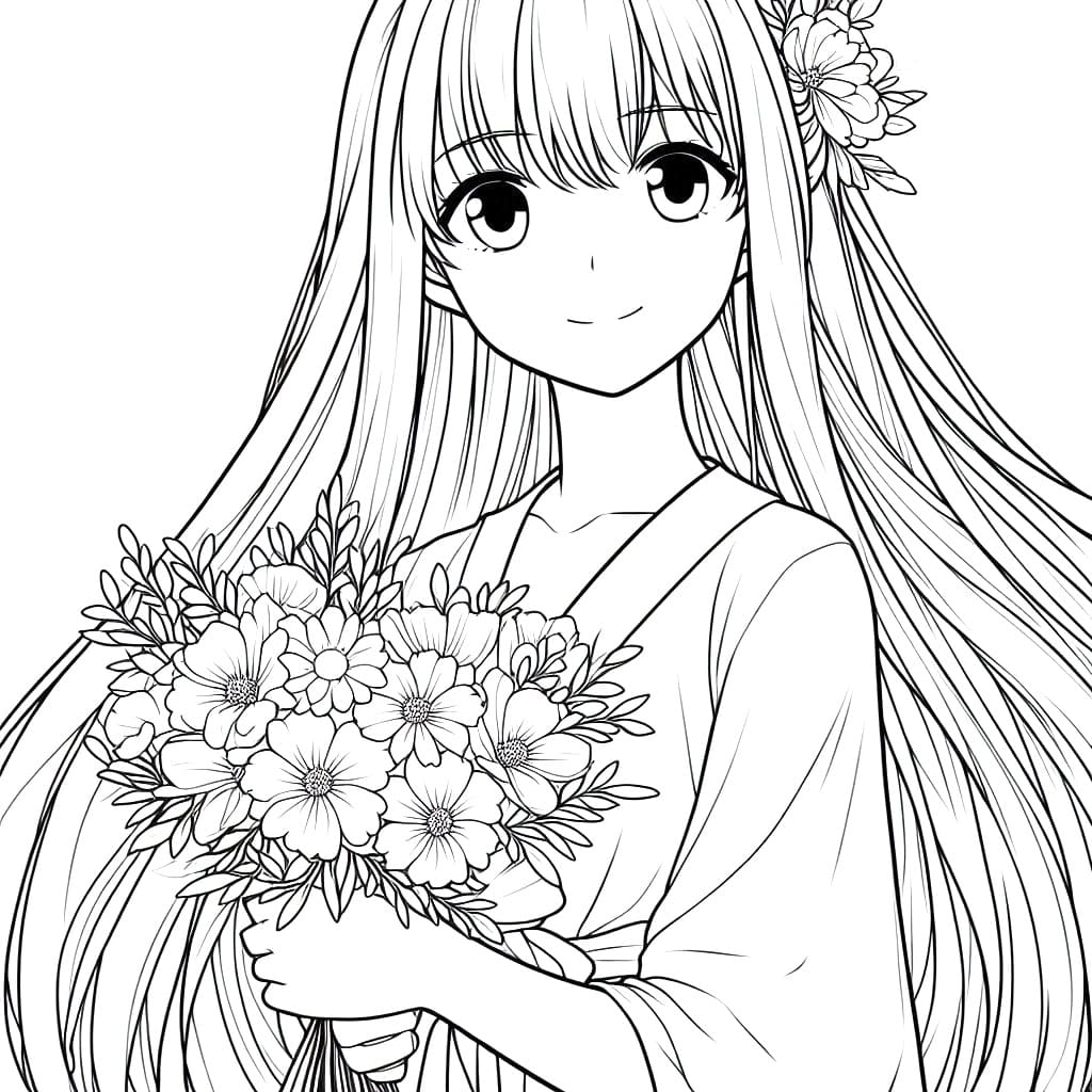 Long Hair Anime Girl and Flowers