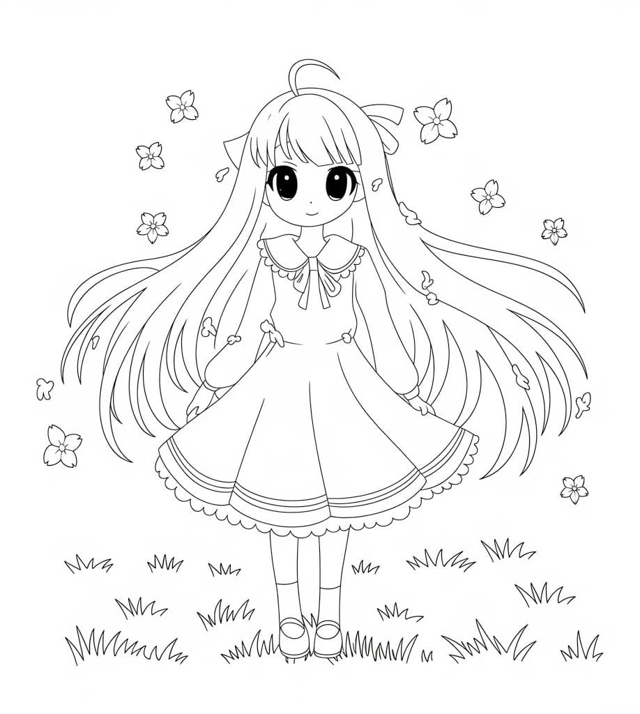 Long Hair Anime Girl on Grass