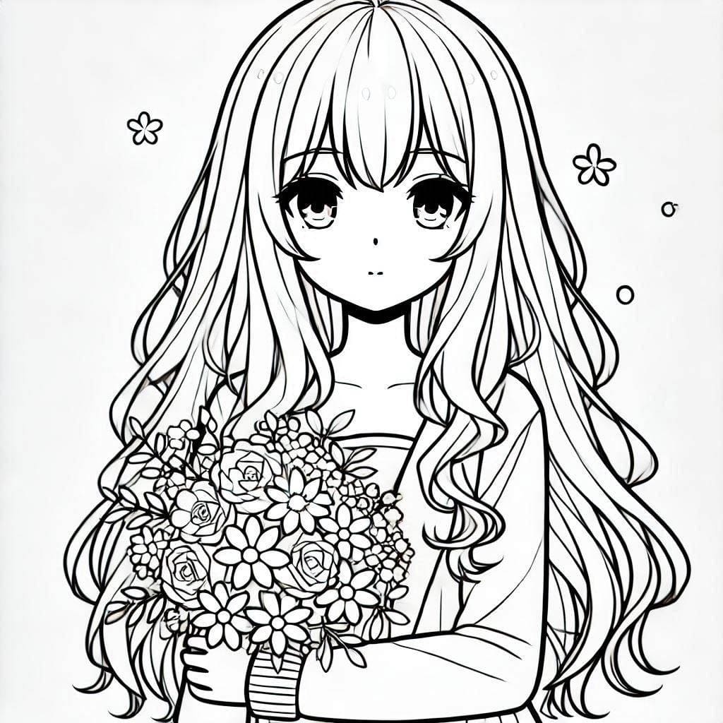 Long Hair Anime Girl with Flowers