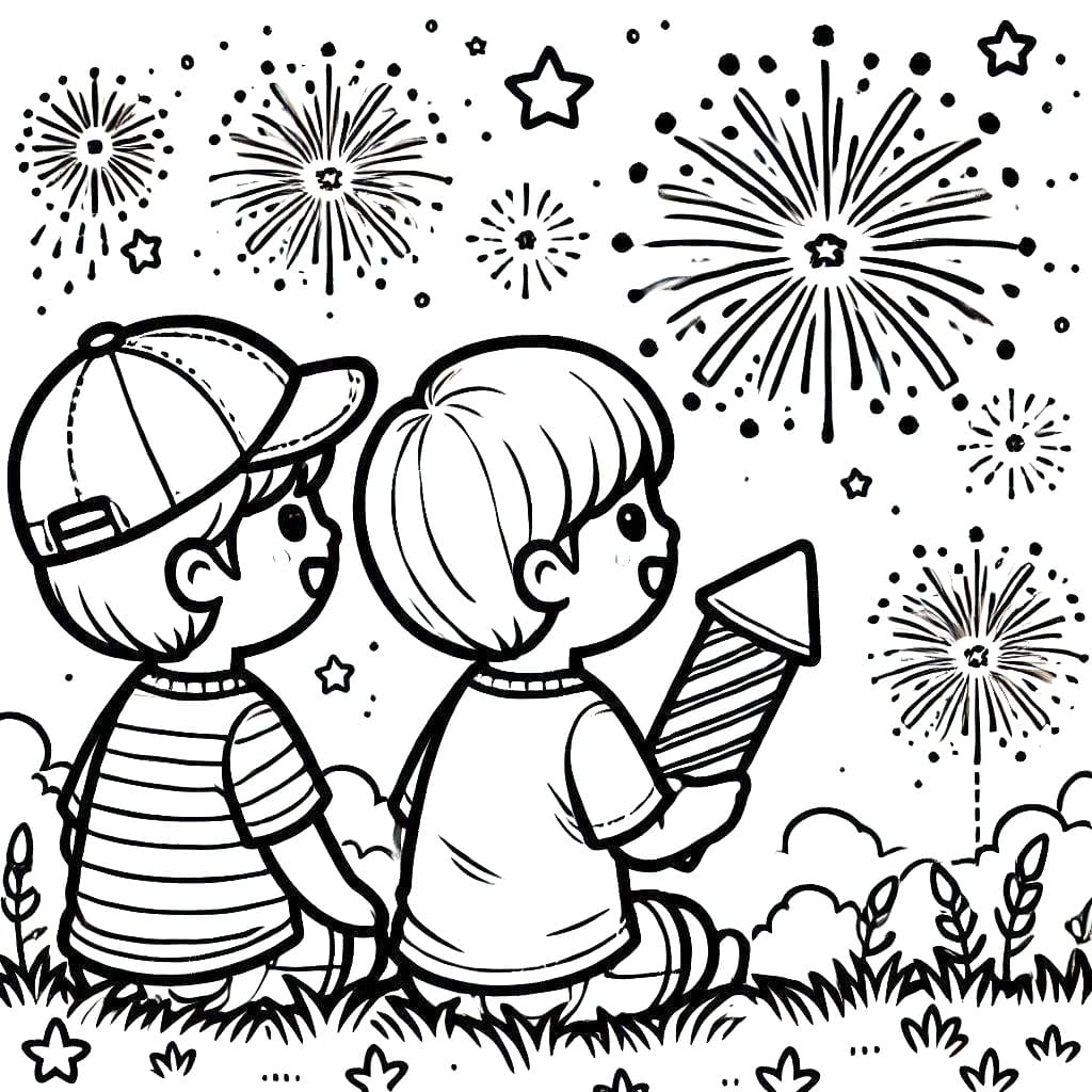 Boys and Fireworks coloring page