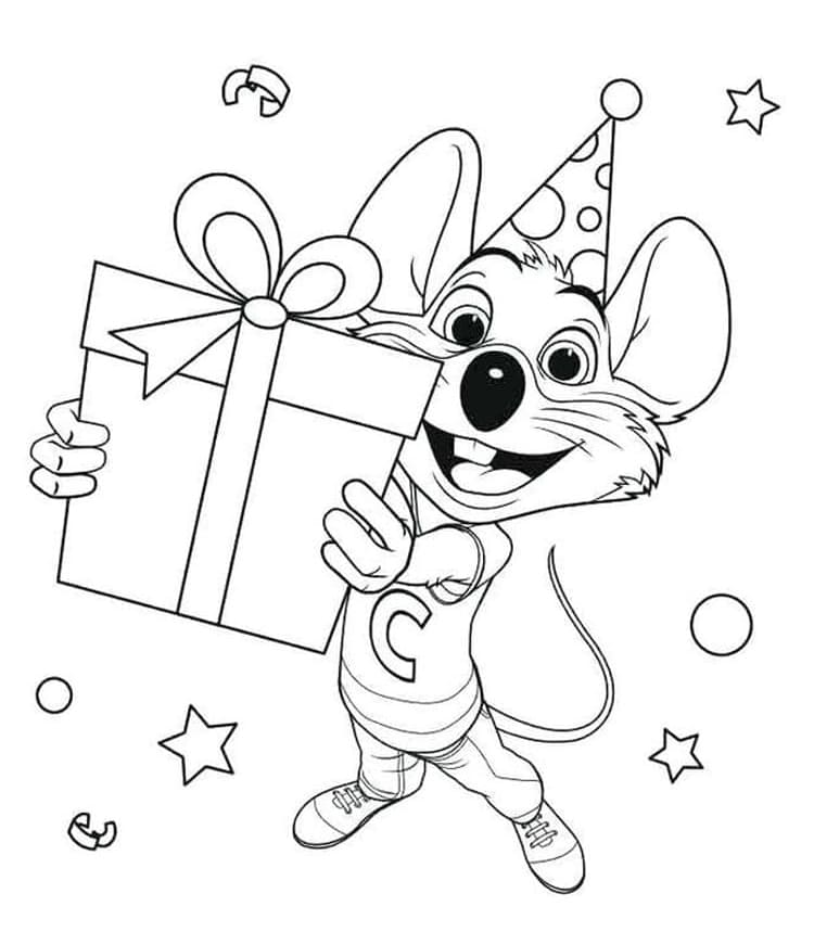 Chuck E. Cheese with Gift coloring page