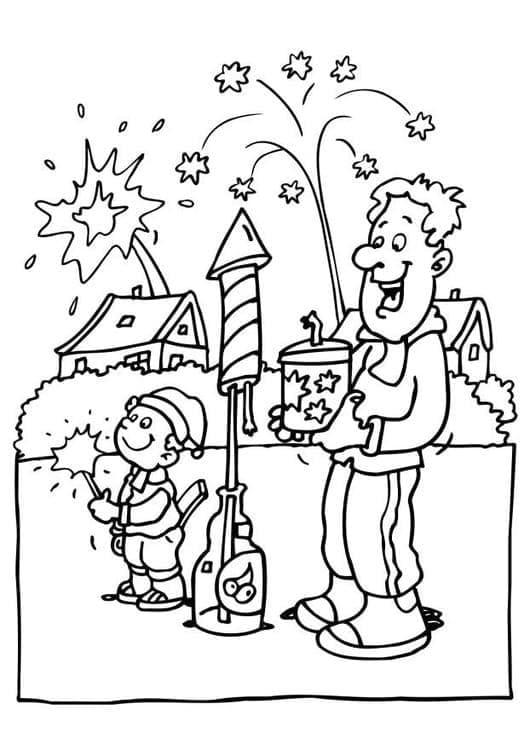 Father and Son with Fireworks coloring page