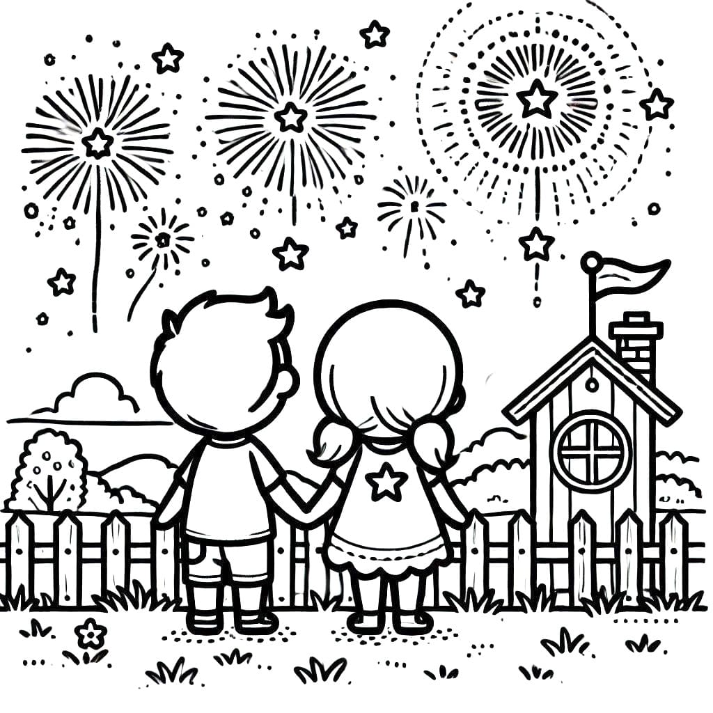 Kids Watching Fireworks coloring page