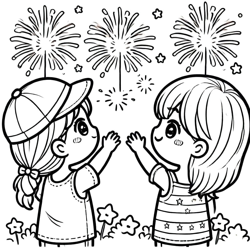 Little Girls and Fireworks coloring page