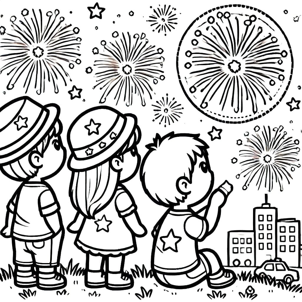 Little Kids and Fireworks coloring page