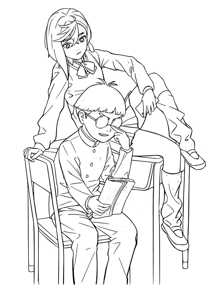 Momo Ayase and Orakun from Dandadan coloring page